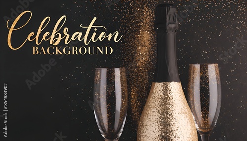 Champagne Celebration Background with Gold Label Bottle and Sparkling Flutes