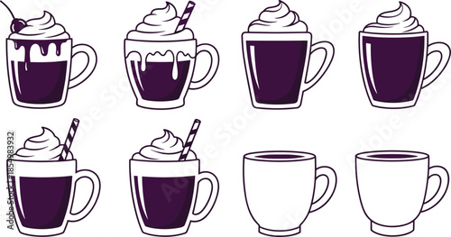 Purple coffee cups with whipped cream and straws