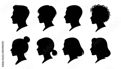 Human head  Collection of black silhouettes, diverse male and female side view faces, different hairstyles