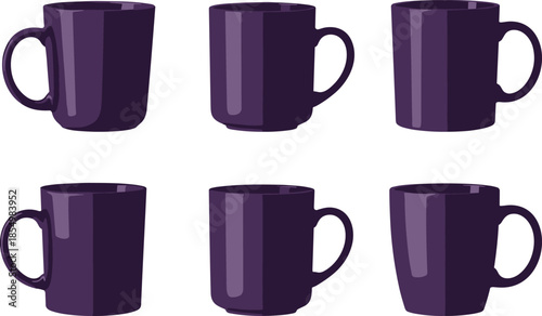 Six purple coffee mugs on white background ceramic handle shiny