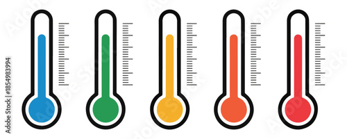 Set of colorful vector thermometers with different temperature levels, blue, green, yellow, orange, and red