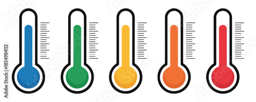 Set of five colorful thermometers showing different temperature levels from cold blue to hot red measurement