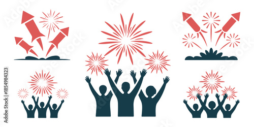 Set of firework celebration icons with rockets and cheering people, ideal for festive events and holidays
