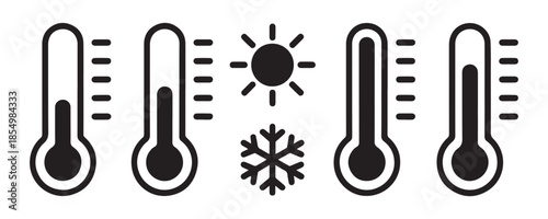 Temperature icons with thermometers showing varying levels alongside sun and snowflake for diverse weather concepts