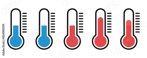 Set of five digital thermometers displaying varying temperature levels ranging from cool to very hot