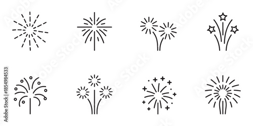 Set of minimalist black outline fireworks icons perfect for new year celebrations and festive holiday designs