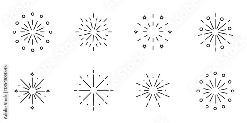 Set of line firework icons. new year celebration light burst. festival event explosion outline vector collection