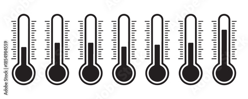 Set of seven black and white thermometers displaying various temperature levels with measurement scales