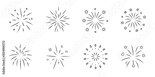Set of firework doodle icons. new year celebration light burst. festival event explosion sketchy vector collection