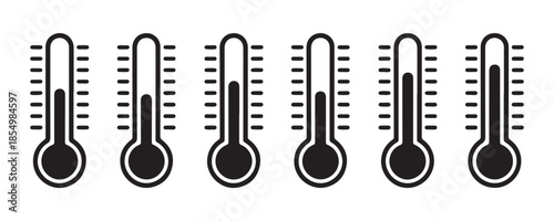 Set of thermometers with varying temperature levels and scales isolated on white background indicating hot and cold