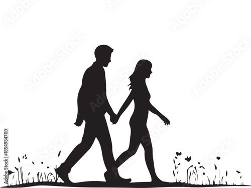 Silhouette couple walking hand in hand over white background with flowers, grass and plants on ground, vector illustration