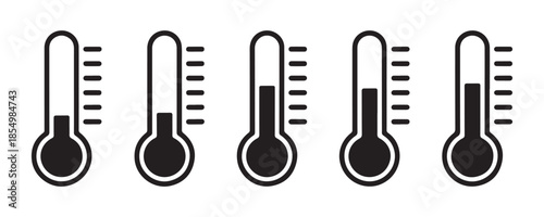 Diverse set of simple black and white thermometer icons showing different temperature ranges and levels