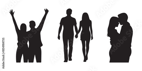 Three expressive couple silhouettes: arms raised in triumph, walking hand in hand, and tender embrace with kiss