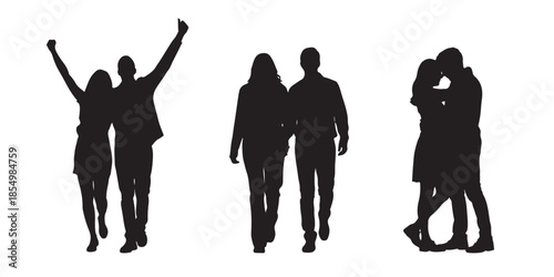 Three different couple silhouettes: celebrating with raised hands, holding hands and walking, and tender embrace