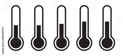 Set of black and white thermometers with varying levels indicating different temperatures, isolated on white