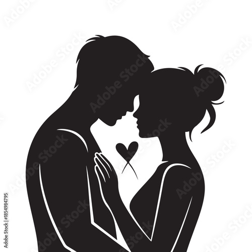 Romantic silhouette of couple in love facing each other with heart shape between them expressing deep affection and intimacy