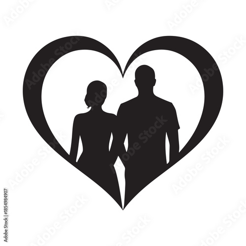 Man and woman holding hands inside heart shape black silhouette vector illustration symbolizing romance love