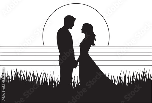 romantic couple silhouette holding hands during sunset at beach or lake with grass vector illustration
