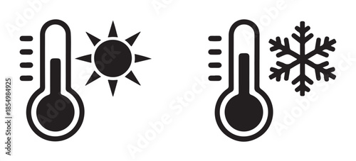 Vector icons of a thermometer with sun and snowflake symbols, representing hot and cold weather conditions