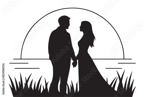 Couple standing holding hands in silhouette looking at each other, in front of a half-circle sun and lake