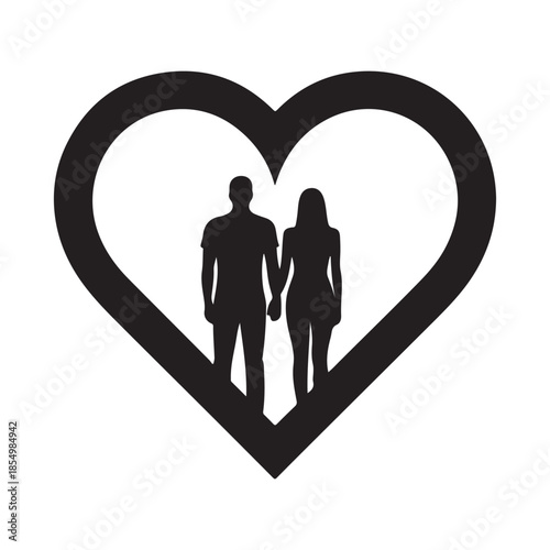 loving couple standing in heart shape black silhouette symbolizing romantic relationship and togetherness