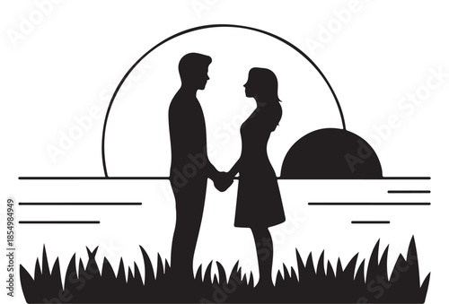Couple standing holding hands in silhouette looking at each other, in front of a sun and lake outline