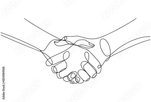Two hands shaking in a continuous line art style, symbolizing agreement, partnership and collaboration