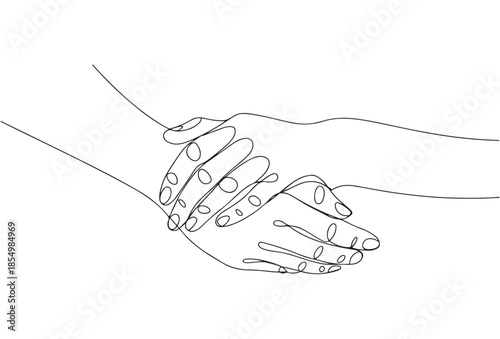 Two hands holding each other in a continuous line art style, symbolizing support, comfort and connection