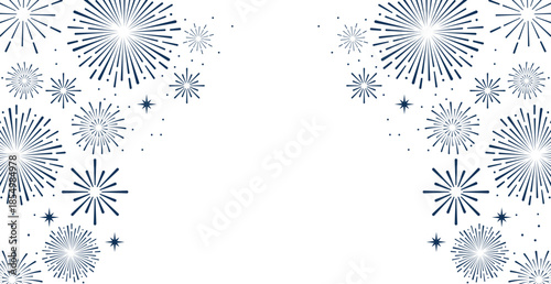  Elegant blue fireworks burst and sparkling stars on clean white background, festive celebration illustration for New Year, holiday party, greeting card, luxury event design, minimalist style vector.