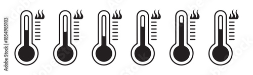 Collection of black and white thermometer icons, each displaying heat with wavy lines above the bulb
