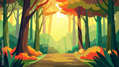 Sunlit forest path in autumn