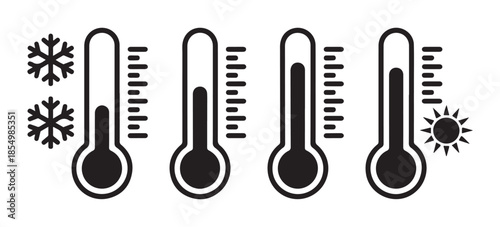 Four black and white thermometers displaying varying temperatures from cold to hot with weather symbols