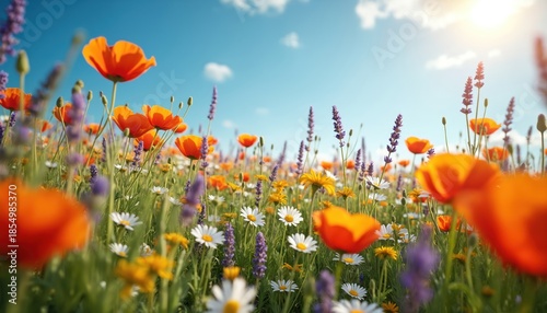 Vivid field of wildflowers with poppies lavender daisies under blue sky. Sunlight shines on blooming plants in summer meadow. Natural beauty, colorful flora, botanical scene.