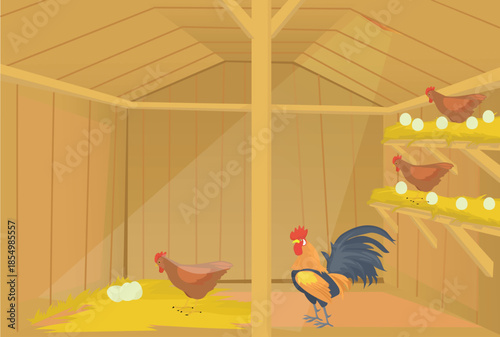 a group of chickens are in a chicken coop