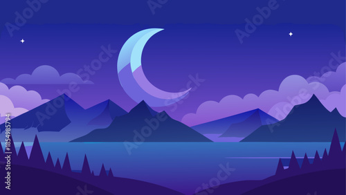 Serene night landscape with crescent moon