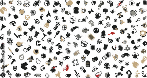 Assorted black gray beige and red on white background symbols signs shapes