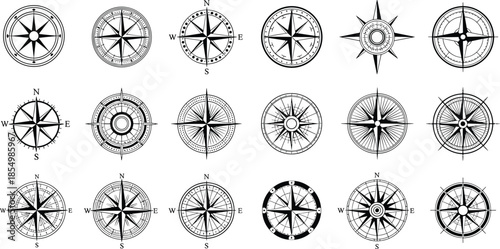Black and white compass rose symbols with various navigation direction