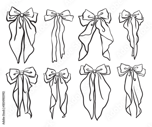 Hand drawn line art bow collection. Hand drawn ribbon line art vector