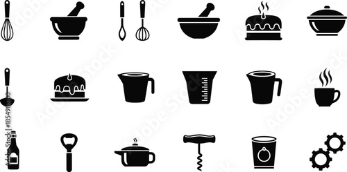 Black and white kitchen utensils and food cooking food black and white silhouette