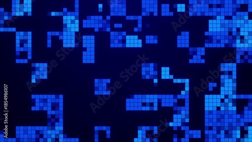 An immersive digital composition featuring a glowing blue mosaic grid with dynamic flicker and scan-like motion, evoking themes of tech interfaces, spiral reveals, and abstract data sequences.