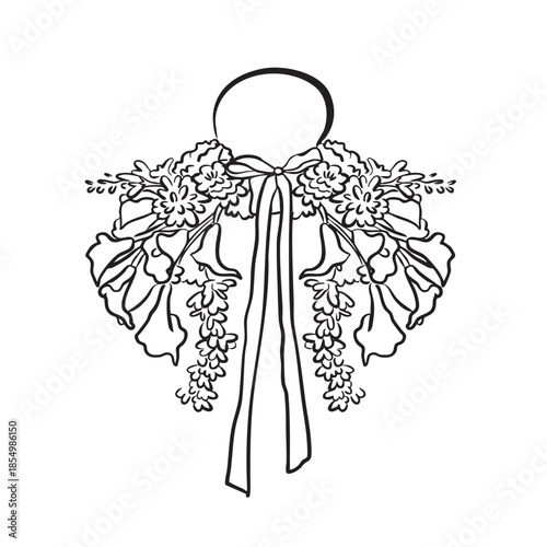 Hand drawn bridal bouquet line art vector. Bridal bouquet coquette style