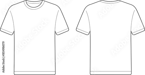 Basic t shirt front and back outline illustration with short sleeves, clean vector line art apparel template design
