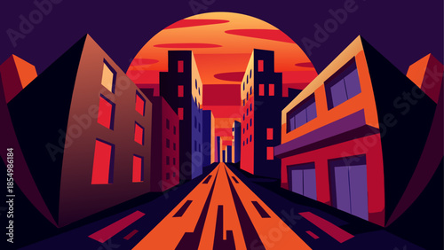 Vibrant city street at sunset