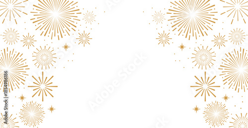 Elegant gold fireworks burst and sparkling stars on clean white background, festive celebration illustration for New Year, holiday party, greeting card, luxury event design, minimalist style vector.