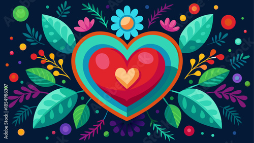 Colorful heart surrounded by floral design