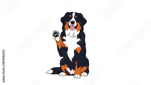 Bernese Mountain Dog sitting and waving its paw with a friendly expression against a clean white background.