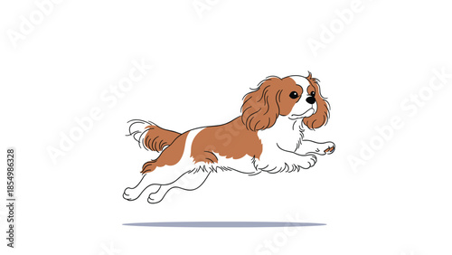 Cavalier King Charles Spaniel running fast through the air, capturing a sense of energy, joy, and playfulness.