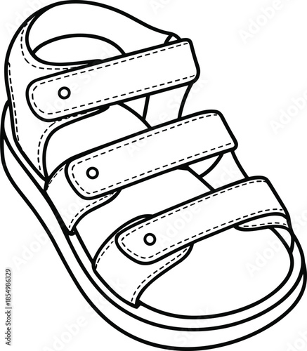 Kids sandal outline illustration in black and white line art style for summer footwear, children fashion, and product design projects