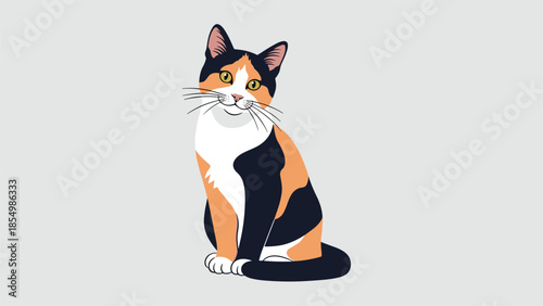 Beautiful calico cat with black, orange, and white patches sitting gracefully against a neutral grey background.