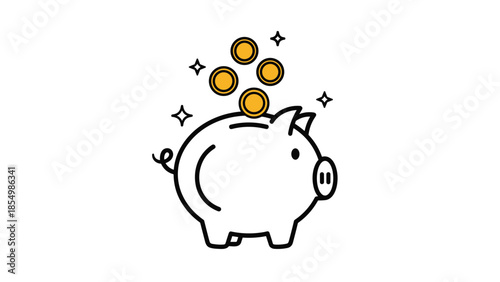 Minimalist line art illustration of a white piggy bank with four golden coins falling into its slot with sparkles.